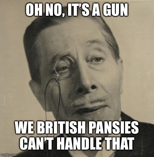 Old British Guy | OH NO, IT’S A GUN WE BRITISH PANSIES CAN’T HANDLE THAT | image tagged in old british guy | made w/ Imgflip meme maker