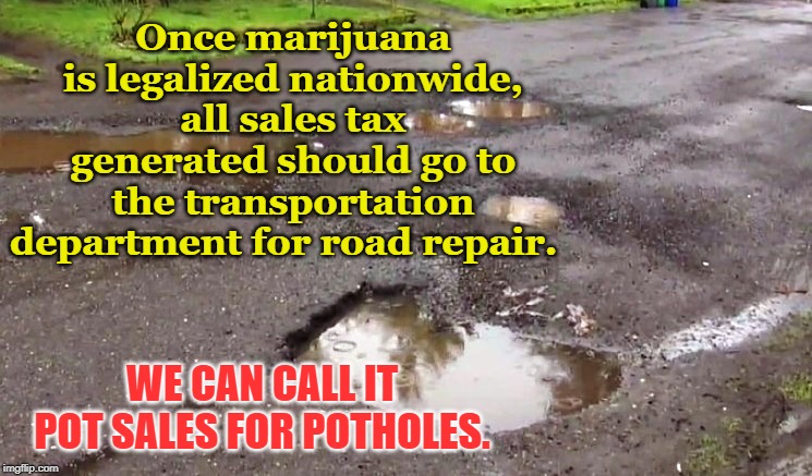 Our Tax Dollars at Work | Once marijuana is legalized nationwide, all sales tax generated should go to the transportation department for road repair. WE CAN CALL IT POT SALES FOR POTHOLES. | image tagged in pot holes,weed,civic responsibility,road repair,taxes | made w/ Imgflip meme maker