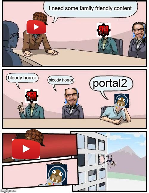 Boardroom Meeting Suggestion Meme | i need some family friendly content; bloody horror; bloody horror; portal2 | image tagged in memes,boardroom meeting suggestion | made w/ Imgflip meme maker