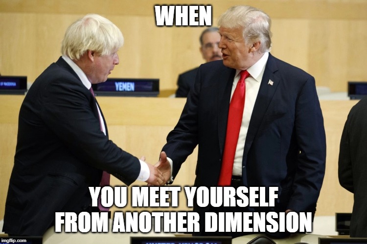 WHEN; YOU MEET YOURSELF FROM ANOTHER DIMENSION | image tagged in boris johnson,the one,trump,donald trump,prime minister,president | made w/ Imgflip meme maker