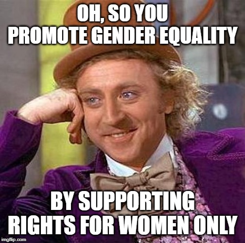 Promoting Gender Equality | OH, SO YOU PROMOTE GENDER EQUALITY; BY SUPPORTING RIGHTS FOR WOMEN ONLY | image tagged in memes,creepy condescending wonka | made w/ Imgflip meme maker