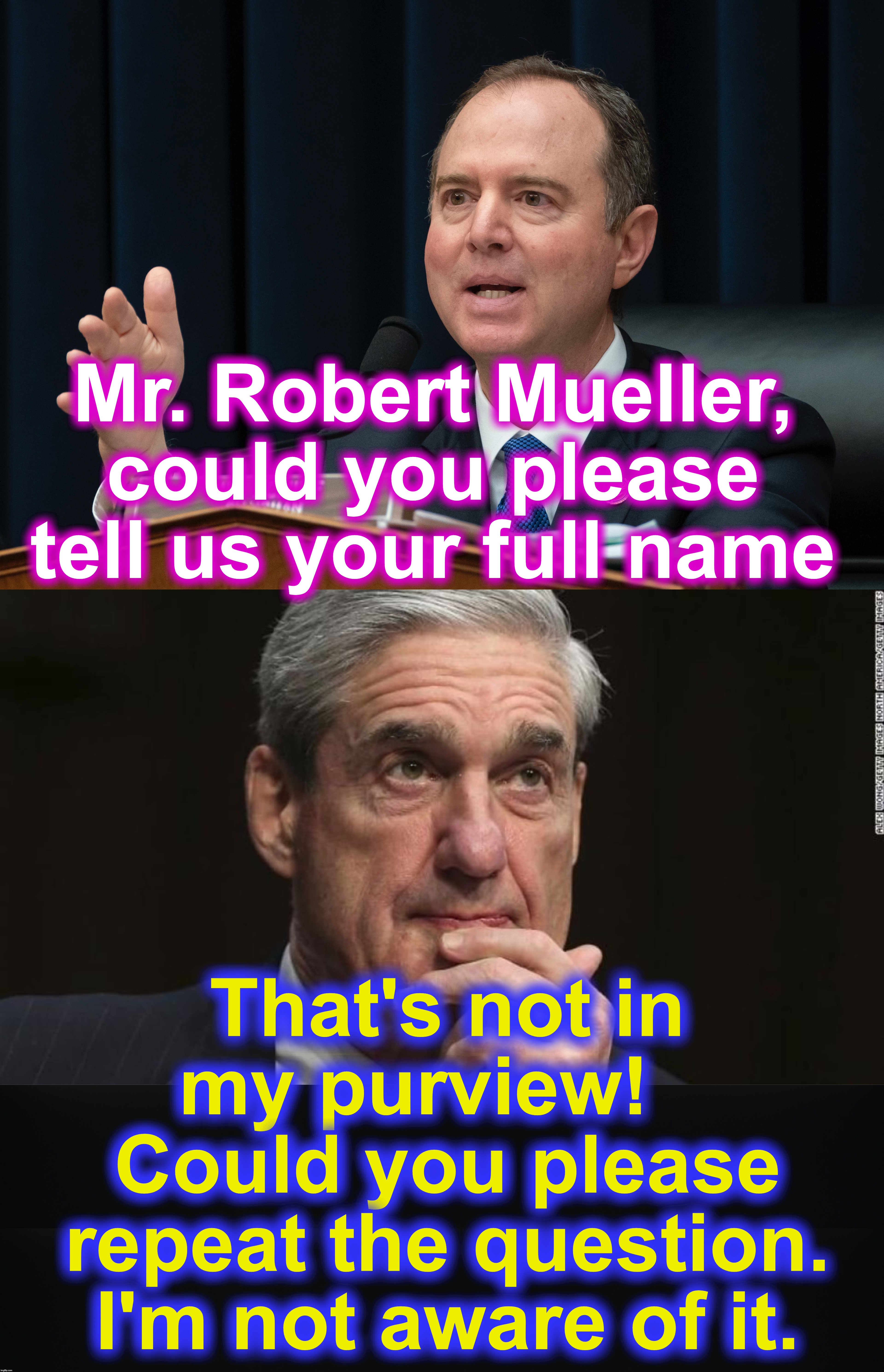 Mr. Robert Mueller, could you please tell us your full name; That's not in my purview!    Could you please repeat the question. I'm not aware of it. | image tagged in robert mueller | made w/ Imgflip meme maker