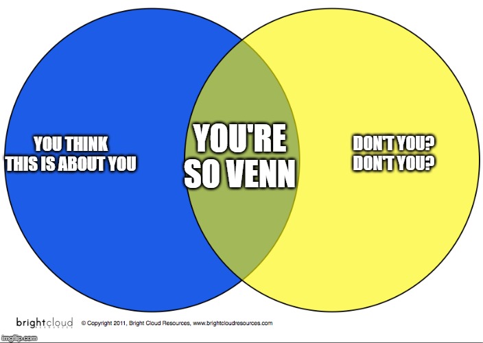 I bet you do | YOU'RE SO VENN; DON'T YOU?
DON'T YOU? YOU THINK THIS IS ABOUT YOU | image tagged in venn 1,funny | made w/ Imgflip meme maker