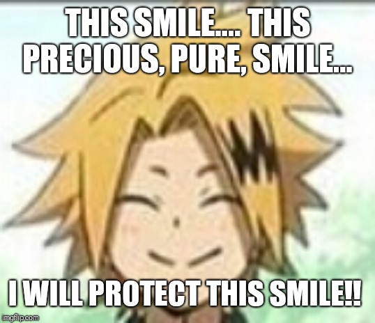 Pure Denki ? | THIS SMILE.... THIS PRECIOUS, PURE, SMILE... I WILL PROTECT THIS SMILE!! | image tagged in my hero academia | made w/ Imgflip meme maker