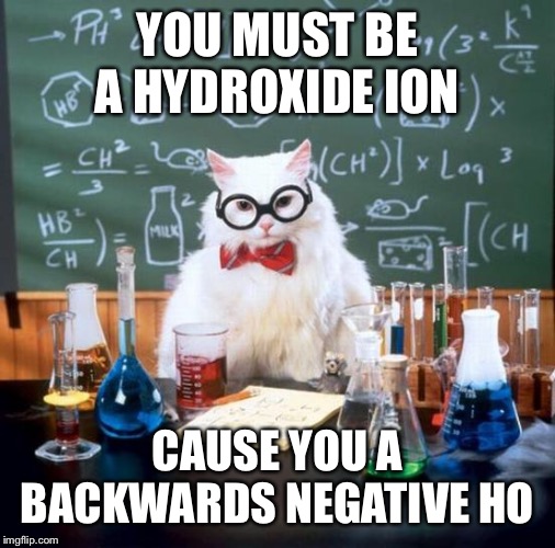 Chemistry Cat | YOU MUST BE A HYDROXIDE ION; CAUSE YOU A BACKWARDS NEGATIVE HO | image tagged in memes,chemistry cat,science is cool | made w/ Imgflip meme maker