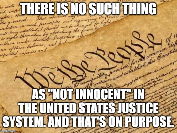 Constitution | THERE IS NO SUCH THING; AS "NOT INNOCENT" IN THE UNITED STATES JUSTICE SYSTEM. AND THAT'S ON PURPOSE. | image tagged in constitution | made w/ Imgflip meme maker
