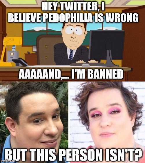 All bodies swim? Only children ages 12 and up? No parents allowed? It's a trap! | HEY TWITTER, I BELIEVE PEDOPHILIA IS WRONG; AAAAAND,... I'M BANNED; BUT THIS PERSON ISN'T? | image tagged in memes,aaaaand its gone,lgbtq,pedophilia,topless,swimming pool | made w/ Imgflip meme maker