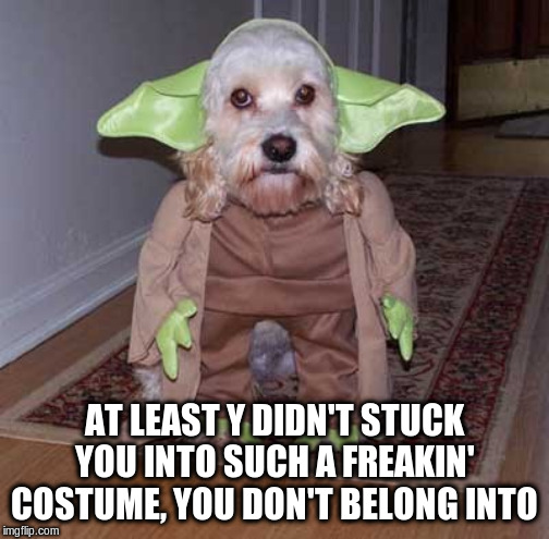 AT LEAST Y DIDN'T STUCK YOU INTO SUCH A FREAKIN' COSTUME, YOU DON'T BELONG INTO | made w/ Imgflip meme maker