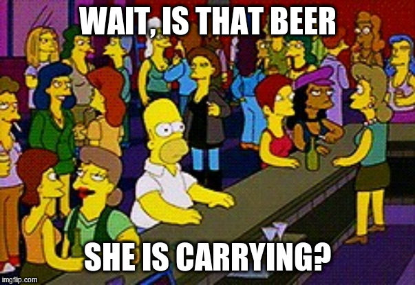 Homer Bar | WAIT, IS THAT BEER SHE IS CARRYING? | image tagged in homer bar | made w/ Imgflip meme maker