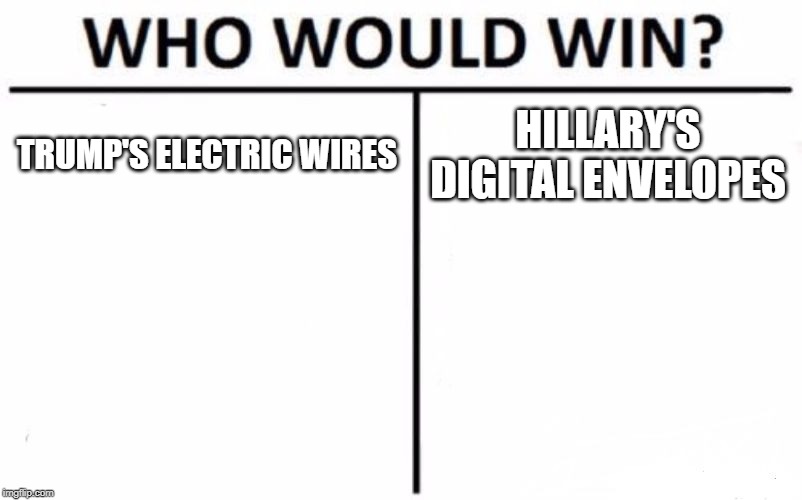 Who Would Win? | TRUMP'S ELECTRIC WIRES; HILLARY'S DIGITAL ENVELOPES | image tagged in memes,who would win | made w/ Imgflip meme maker