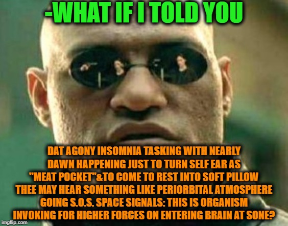 -Where is sleep button, hah? | -WHAT IF I TOLD YOU; DAT AGONY INSOMNIA TASKING WITH NEARLY DAWN HAPPENING JUST TO TURN SELF EAR AS "MEAT POCKET"&TO COME TO REST INTO SOFT PILLOW THEE MAY HEAR SOMETHING LIKE PERIORBITAL ATMOSPHERE GOING S.O.S. SPACE SIGNALS: THIS IS ORGANISM INVOKING FOR HIGHER FORCES ON ENTERING BRAIN AT SONE? | image tagged in matrix morpheus,matrix morpheus offer,morpheus,5sos,safe space,brain sleep meme | made w/ Imgflip meme maker