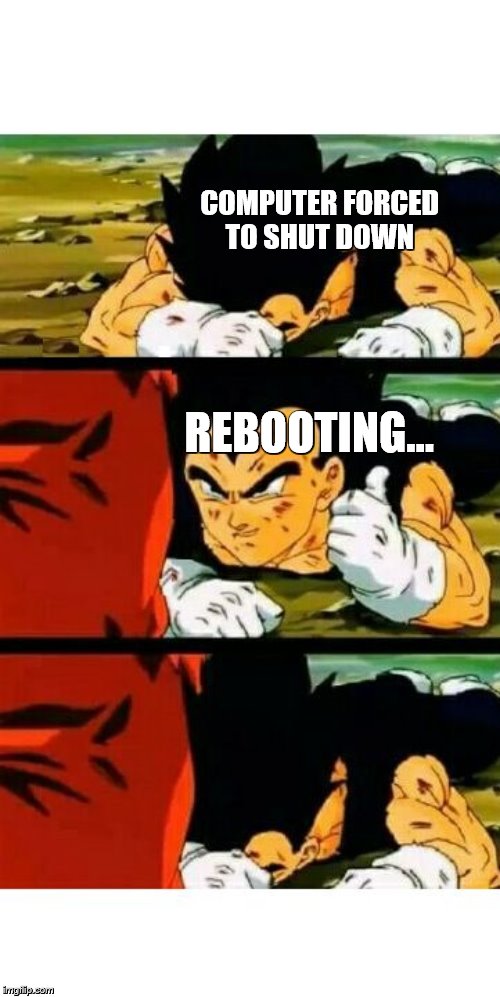 vegeta im fine | COMPUTER FORCED TO SHUT DOWN; REBOOTING... | image tagged in vegeta im fine | made w/ Imgflip meme maker