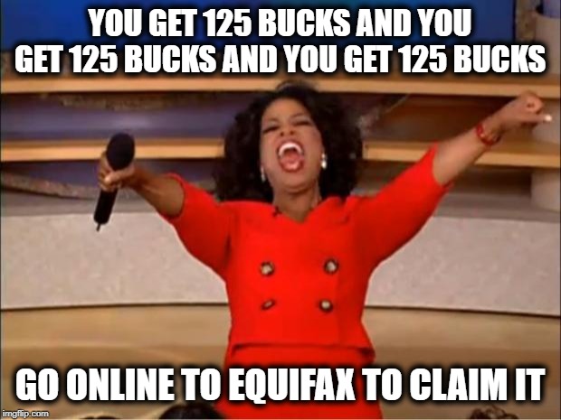 You snooze you lose | YOU GET 125 BUCKS AND YOU GET 125 BUCKS AND YOU GET 125 BUCKS; GO ONLINE TO EQUIFAX TO CLAIM IT | image tagged in memes,oprah you get a,free stuff,money,fun | made w/ Imgflip meme maker