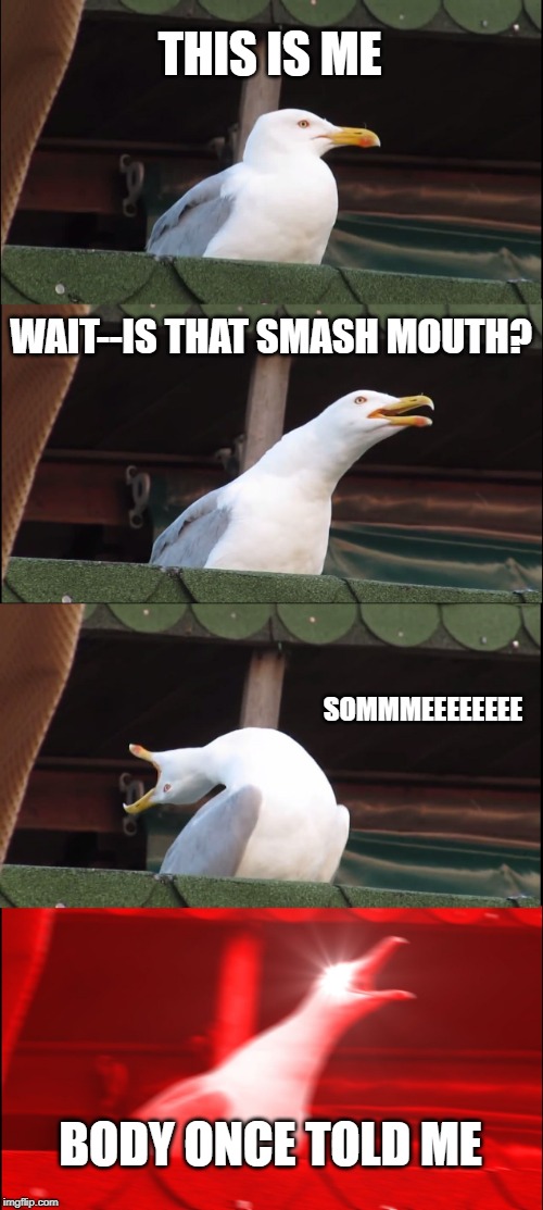 Inhaling Seagull | THIS IS ME; WAIT--IS THAT SMASH MOUTH? SOMMMEEEEEEEE; BODY ONCE TOLD ME | image tagged in memes,inhaling seagull | made w/ Imgflip meme maker
