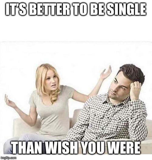 ANGRY WIFE YELLS AT HUSBAND | IT’S BETTER TO BE SINGLE THAN WISH YOU WERE | image tagged in angry wife yells at husband | made w/ Imgflip meme maker