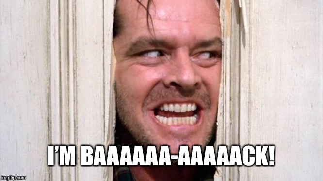 I’ve been away for awhile. Feels good to be back. | I’M BAAAAAA-AAAAACK! | image tagged in the shining | made w/ Imgflip meme maker