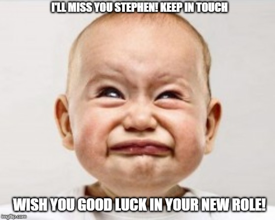 Baby crying of disgust  | I'LL MISS YOU STEPHEN! KEEP IN TOUCH; WISH YOU GOOD LUCK IN YOUR NEW ROLE! | image tagged in baby crying of disgust | made w/ Imgflip meme maker