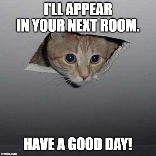 There is No Escaping the Ceiling Cat | I'LL APPEAR IN YOUR NEXT ROOM. HAVE A GOOD DAY! | image tagged in memes,ceiling cat,no escape | made w/ Imgflip meme maker