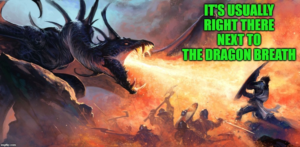Dragon breath | IT'S USUALLY RIGHT THERE NEXT TO THE DRAGON BREATH | image tagged in dragon breath | made w/ Imgflip meme maker