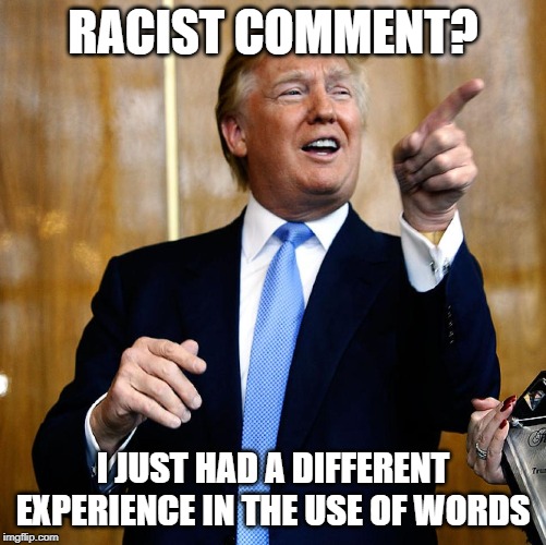 Donal Trump Birthday | RACIST COMMENT? I JUST HAD A DIFFERENT EXPERIENCE IN THE USE OF WORDS | image tagged in donal trump birthday | made w/ Imgflip meme maker