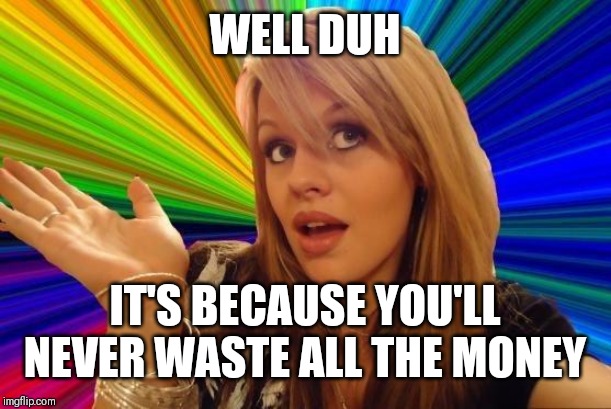 Dumb Blonde Meme | WELL DUH IT'S BECAUSE YOU'LL NEVER WASTE ALL THE MONEY | image tagged in memes,dumb blonde | made w/ Imgflip meme maker