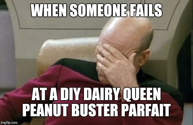 Step 1: Vanilla ice cream. Step 2: Chocolate syrup. Step 3: Peanuts. See? It's that simple! | WHEN SOMEONE FAILS; AT A DIY DAIRY QUEEN PEANUT BUSTER PARFAIT | image tagged in memes,captain picard facepalm,dairy queen,diy,diy fails,wtf | made w/ Imgflip meme maker