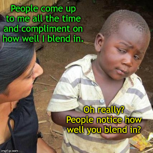 Apparently not... | People come up to me all the time and compliment on how well I blend in. Oh really? People notice how well you blend in? | image tagged in memes,third world skeptical kid,blending in,you don't say | made w/ Imgflip meme maker