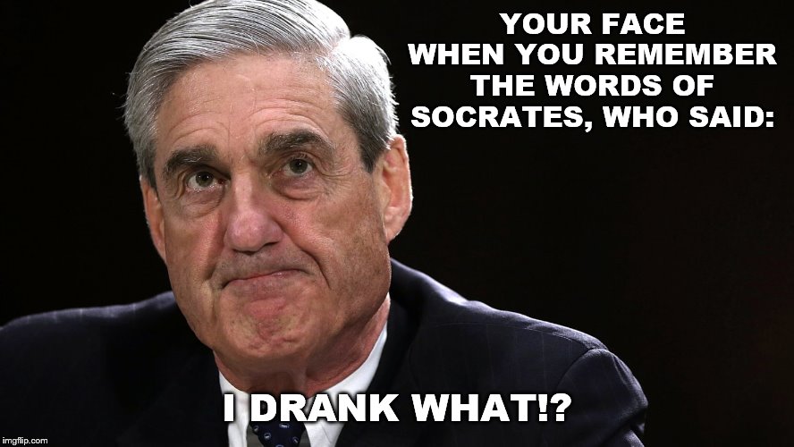 Epstein may have gotten away, but they won't let you slip through their fingers. | YOUR FACE WHEN YOU REMEMBER THE WORDS OF SOCRATES, WHO SAID:; I DRANK WHAT!? | image tagged in robert mueller,funny memes,politics,trump russia collusion,government corruption,stupid liberals | made w/ Imgflip meme maker