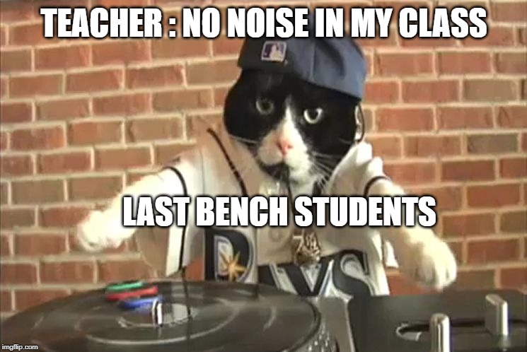 DJ Kitty | TEACHER : NO NOISE IN MY CLASS; LAST BENCH STUDENTS | image tagged in dj kitty,facts,cats,class | made w/ Imgflip meme maker