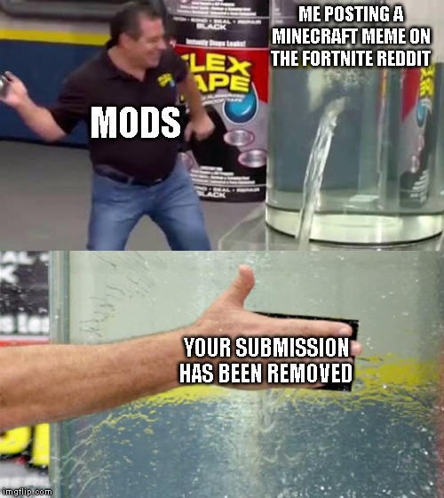 Flex Tape | ME POSTING A MINECRAFT MEME ON THE FORTNITE REDDIT; MODS; YOUR SUBMISSION HAS BEEN REMOVED | image tagged in flex tape | made w/ Imgflip meme maker
