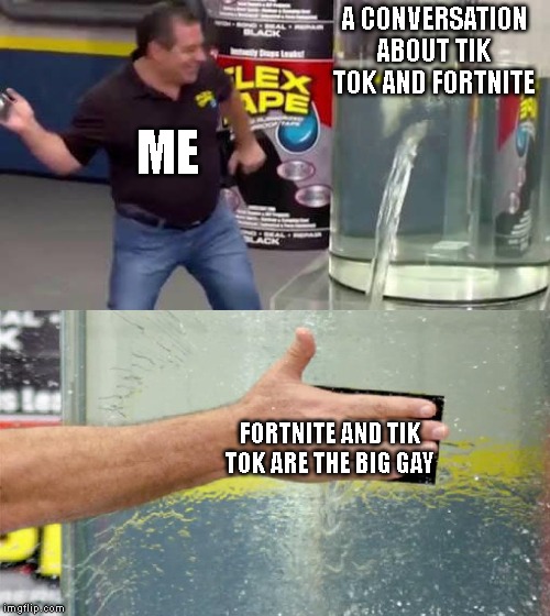 Flex Tape | A CONVERSATION ABOUT TIK TOK AND FORTNITE; ME; FORTNITE AND TIK TOK ARE THE BIG GAY | image tagged in flex tape | made w/ Imgflip meme maker