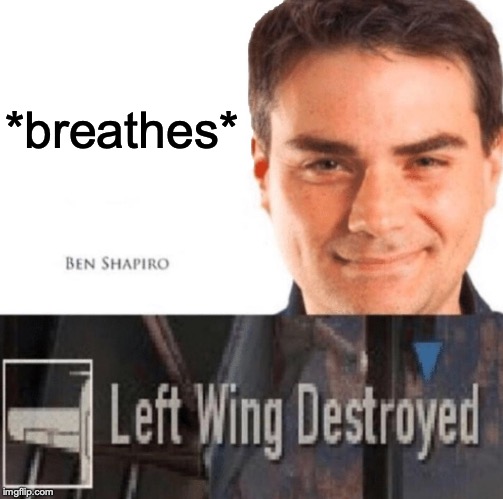 LEFT WING DESTROYED | *breathes* | image tagged in memes,funny,dank memes,ben shapiro,turning point usa,left wing destroyed | made w/ Imgflip meme maker