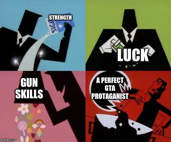 Powerpuff Girls Creation | STRENGTH; LUCK; A PERFECT GTA PROTAGANIST; GUN SKILLS | image tagged in powerpuff girls creation | made w/ Imgflip meme maker