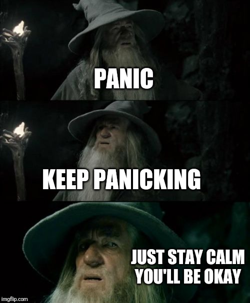 Confused Gandalf | PANIC; KEEP PANICKING; JUST STAY CALM YOU'LL BE OKAY | image tagged in memes,confused gandalf | made w/ Imgflip meme maker