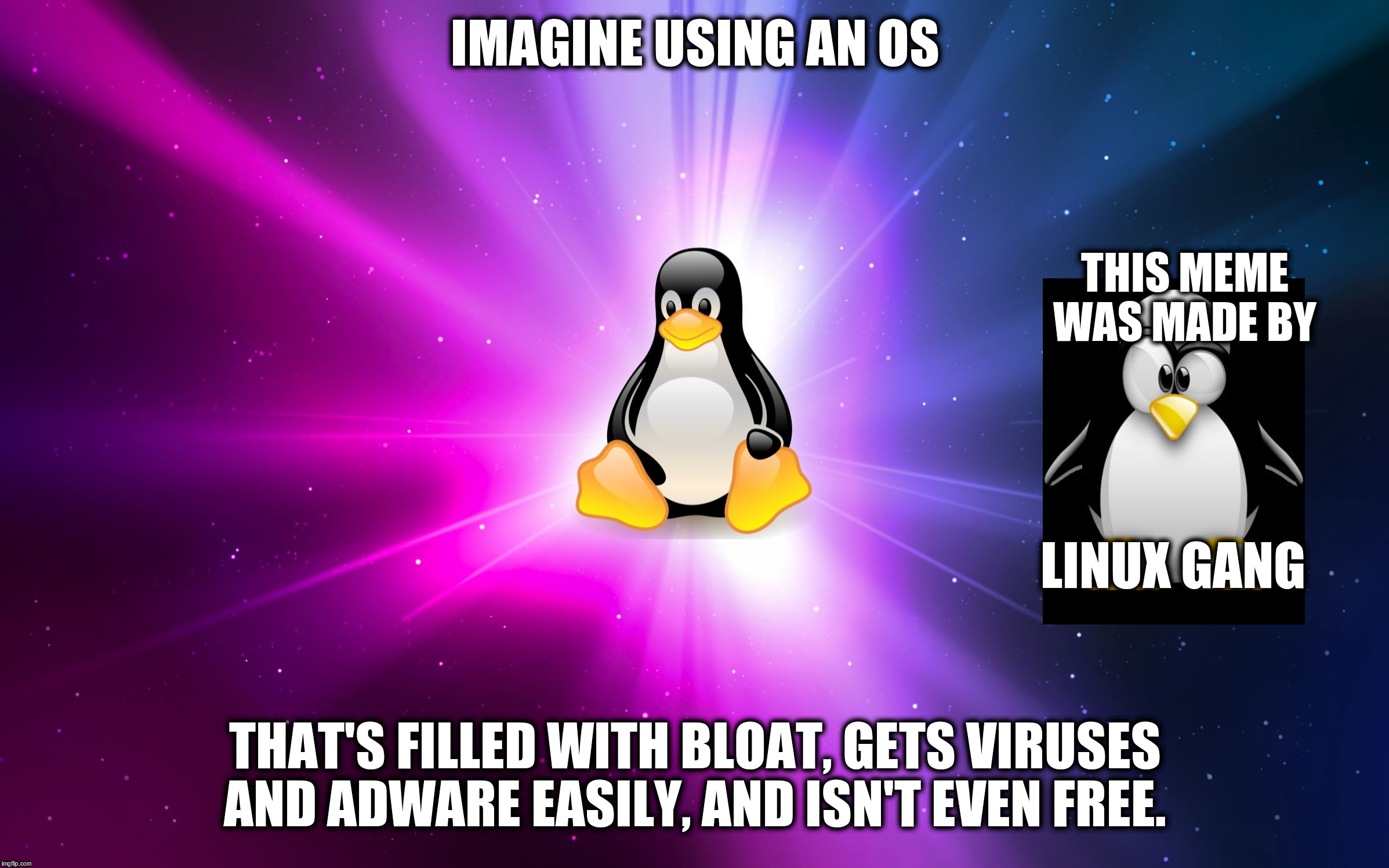 Linux | IMAGINE USING AN OS THAT'S FILLED WITH BLOAT, GETS VIRUSES AND ADWARE EASILY, AND ISN'T EVEN FREE. THIS MEME WAS MADE BY LINUX GANG | image tagged in linux | made w/ Imgflip meme maker