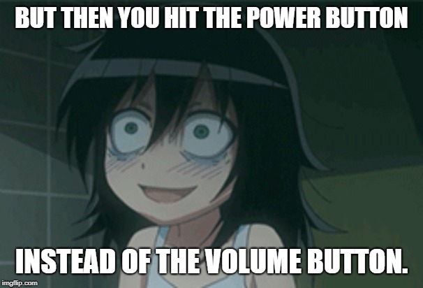 Who else has this problem | BUT THEN YOU HIT THE POWER BUTTON; INSTEAD OF THE VOLUME BUTTON. | image tagged in power button,rip | made w/ Imgflip meme maker