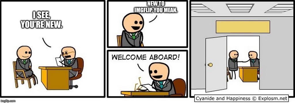 Job Interview | I SEE, YOU’RE NEW. NEW TO IMGFLIP, YOU MEAN. | image tagged in job interview | made w/ Imgflip meme maker