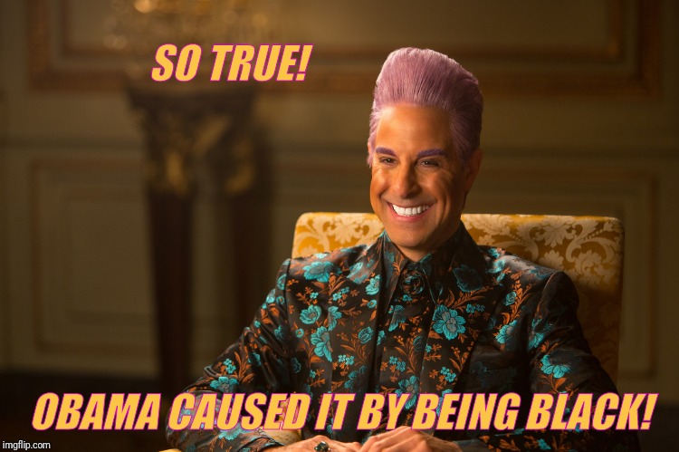 Hunger Games/Caesar Flickerman (Stanley Tucci) "heh heh heh" | SO TRUE! OBAMA CAUSED IT BY BEING BLACK! | image tagged in hunger games/caesar flickerman stanley tucci heh heh heh | made w/ Imgflip meme maker