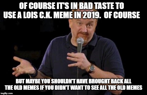 Louis ck but maybe | OF COURSE IT'S IN BAD TASTE TO USE A LOIS C.K. MEME IN 2019.  OF COURSE; BUT MAYBE YOU SHOULDN'T HAVE BROUGHT BACK ALL THE OLD MEMES IF YOU DIDN'T WANT TO SEE ALL THE OLD MEMES | image tagged in louis ck but maybe,AdviceAnimals | made w/ Imgflip meme maker