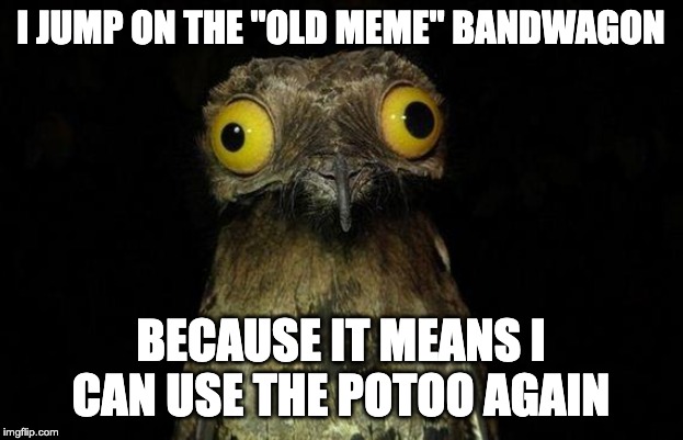 Weird Stuff I Do Potoo Meme | I JUMP ON THE "OLD MEME" BANDWAGON; BECAUSE IT MEANS I CAN USE THE POTOO AGAIN | image tagged in memes,weird stuff i do potoo | made w/ Imgflip meme maker