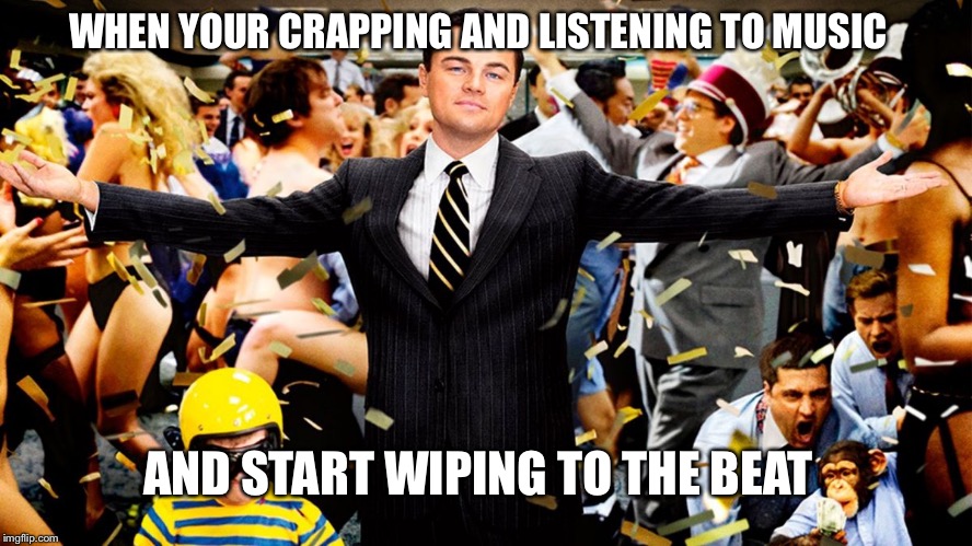 Just like the song, it gets worn out after the first few times | WHEN YOUR CRAPPING AND LISTENING TO MUSIC; AND START WIPING TO THE BEAT | image tagged in wolf party | made w/ Imgflip meme maker
