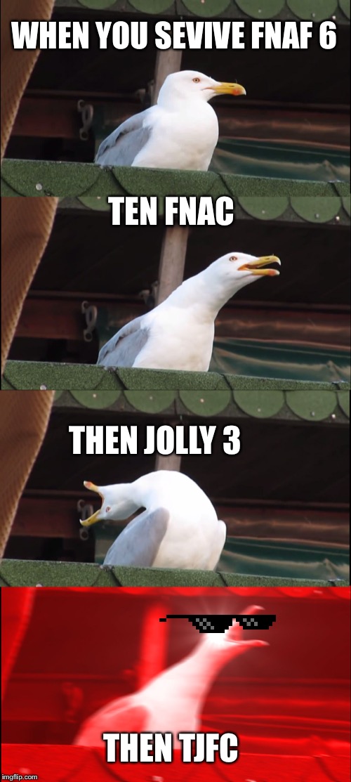 Inhaling Seagull Meme | WHEN YOU SEVIVE FNAF 6; TEN FNAC; THEN JOLLY 3; THEN TJFC | image tagged in memes,inhaling seagull | made w/ Imgflip meme maker