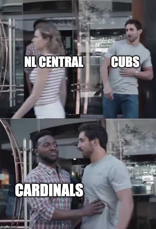 guy blocking guy | NL CENTRAL            CUBS; CARDINALS | image tagged in guy blocking guy | made w/ Imgflip meme maker