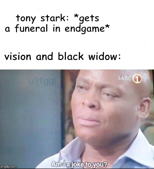 am I a joke to you | tony stark: *gets a funeral in endgame*; vision and black widow: | image tagged in am i a joke to you | made w/ Imgflip meme maker