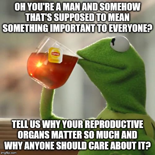 But That's None Of My Business |  OH YOU'RE A MAN AND SOMEHOW THAT'S SUPPOSED TO MEAN SOMETHING IMPORTANT TO EVERYONE? TELL US WHY YOUR REPRODUCTIVE ORGANS MATTER SO MUCH AND WHY ANYONE SHOULD CARE ABOUT IT? | image tagged in memes,but thats none of my business,kermit the frog | made w/ Imgflip meme maker