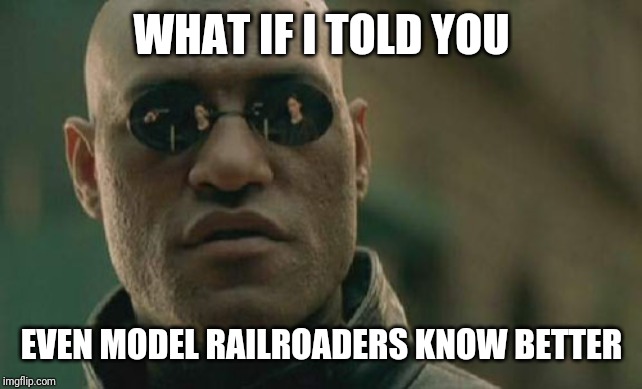 Matrix Morpheus Meme | WHAT IF I TOLD YOU EVEN MODEL RAILROADERS KNOW BETTER | image tagged in memes,matrix morpheus | made w/ Imgflip meme maker
