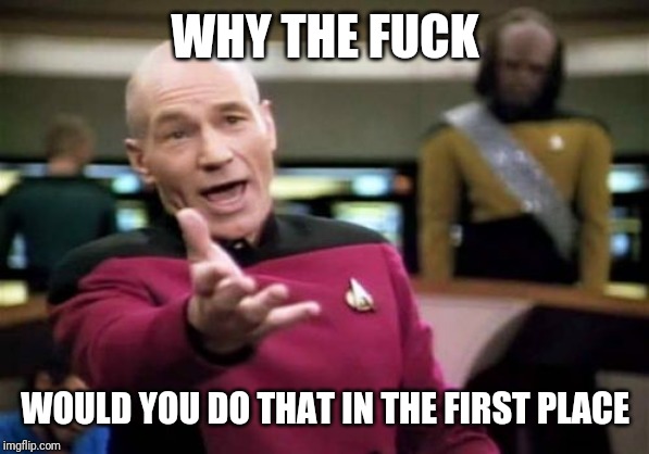 Picard Wtf Meme | WHY THE F**K WOULD YOU DO THAT IN THE FIRST PLACE | image tagged in memes,picard wtf | made w/ Imgflip meme maker
