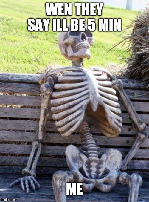 Waiting Skeleton Meme | WEN THEY SAY ILL BE 5 MIN; ME | image tagged in memes,waiting skeleton | made w/ Imgflip meme maker