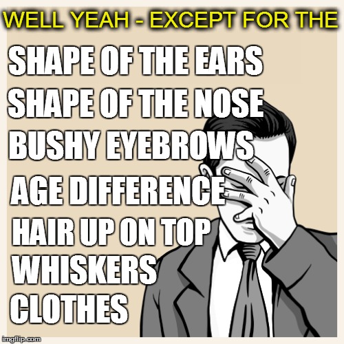WELL YEAH - EXCEPT FOR THE WHISKERS HAIR UP ON TOP SHAPE OF THE EARS AGE DIFFERENCE SHAPE OF THE NOSE BUSHY EYEBROWS CLOTHES | made w/ Imgflip meme maker
