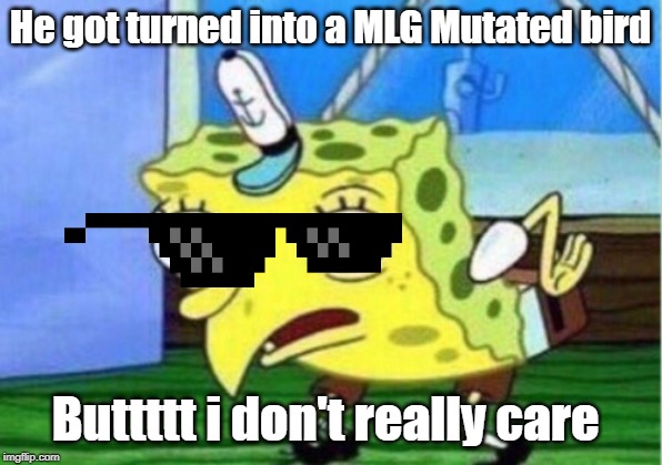 Mocking Spongebob Meme | He got turned into a MLG Mutated bird; Buttttt i don't really care | image tagged in memes,mocking spongebob | made w/ Imgflip meme maker